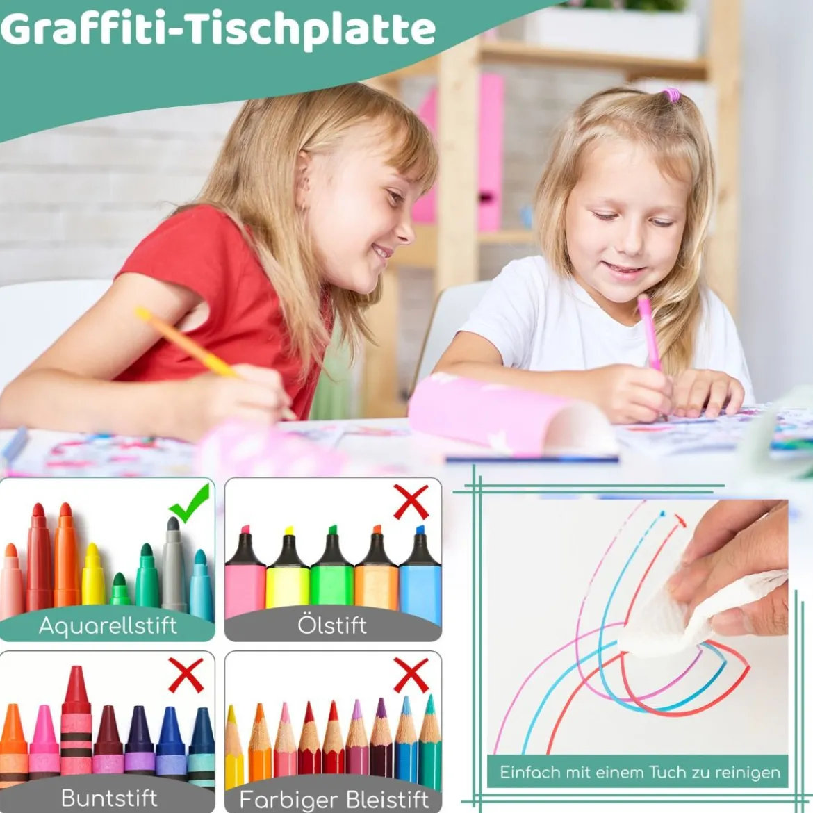 Kindertisch mit 4 Stühlen Set mit Graffiti-Tischplatte Höhenverstellbare Kindersitzgruppe