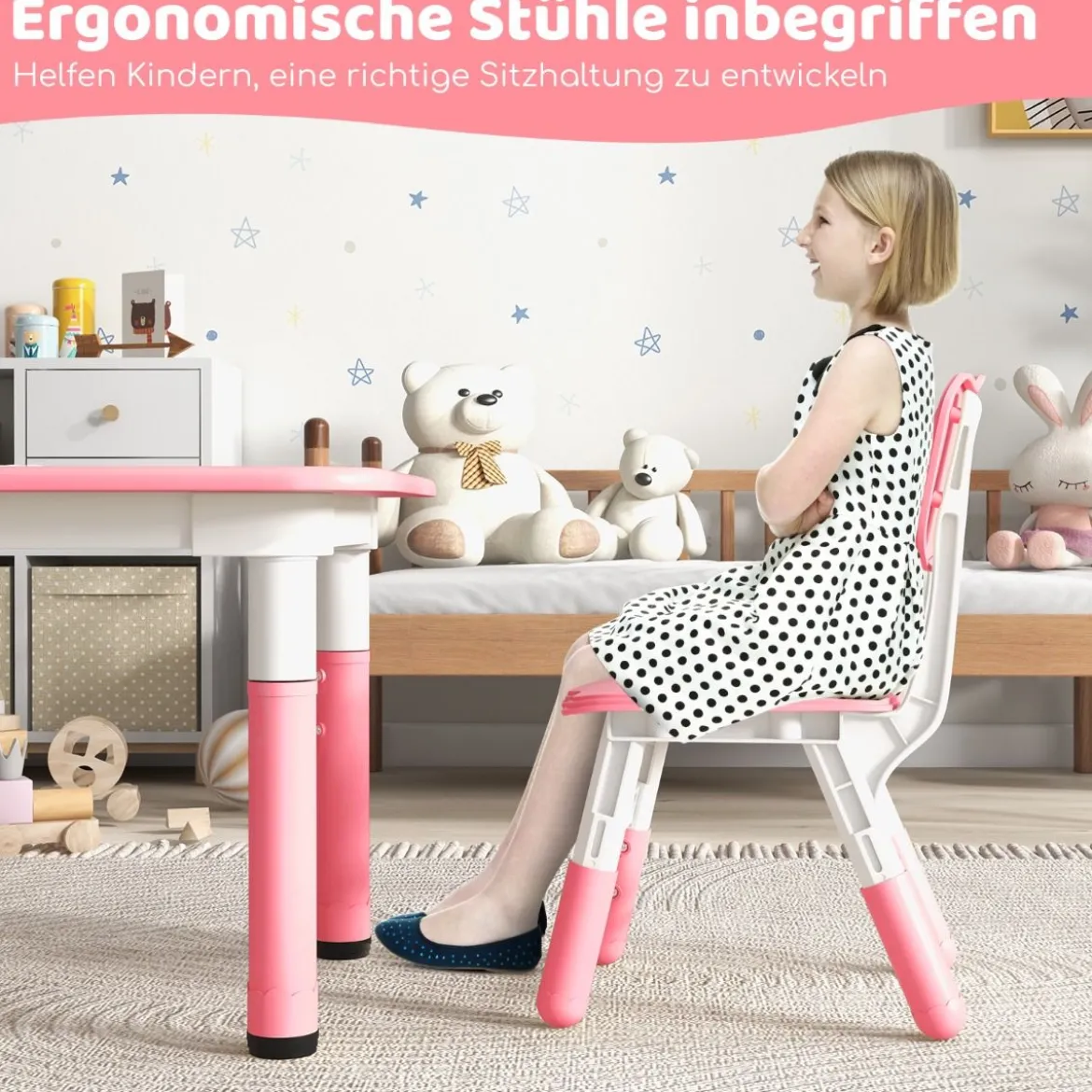 Kindertisch mit 4 Stühlen Set mit Graffiti-Tischplatte Höhenverstellbare Kindersitzgruppe