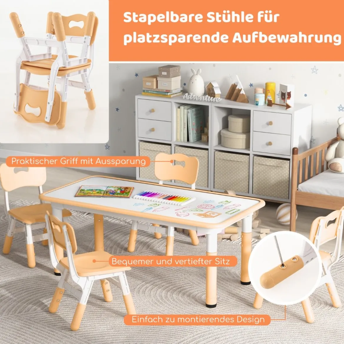 Kindertisch mit 4 Stühlen Set mit Graffiti-Tischplatte Höhenverstellbare Kindersitzgruppe