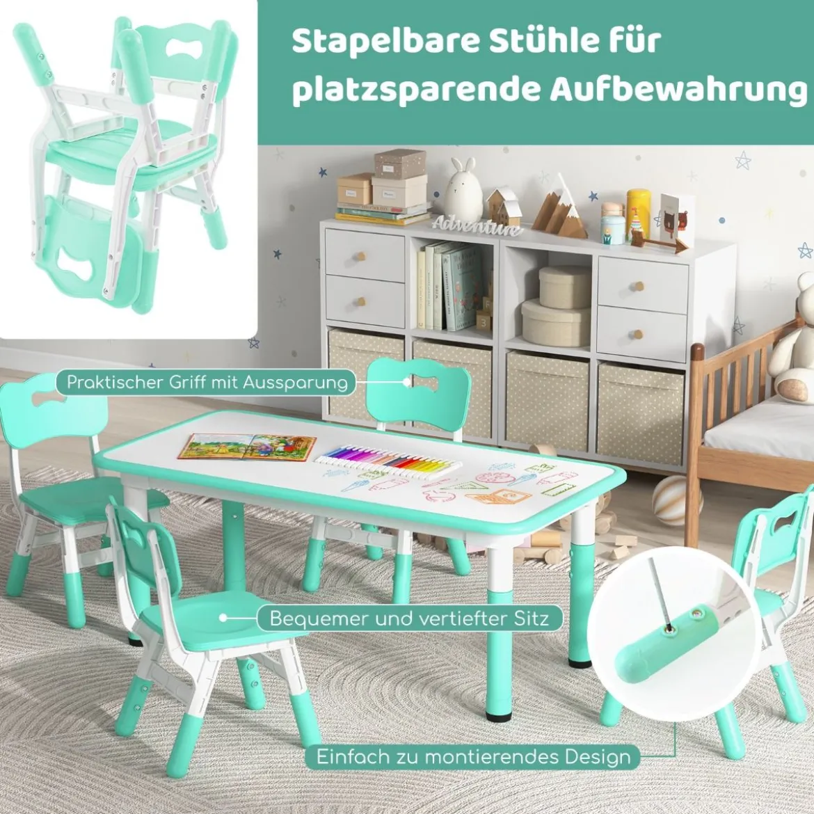 Kindertisch mit 4 Stühlen Set mit Graffiti-Tischplatte Höhenverstellbare Kindersitzgruppe