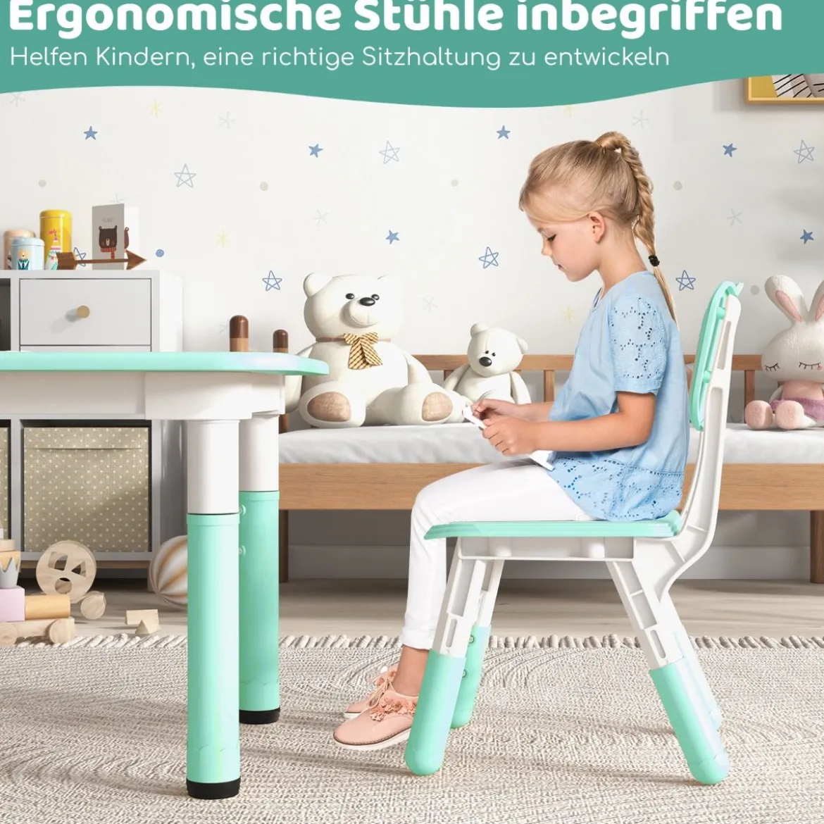 Kindertisch mit 4 Stühlen Set mit Graffiti-Tischplatte Höhenverstellbare Kindersitzgruppe