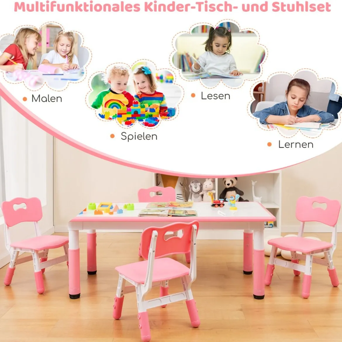 Kindertisch mit 4 Stühlen Set mit Graffiti-Tischplatte Höhenverstellbare Kindersitzgruppe