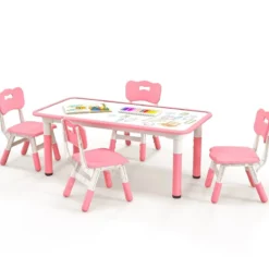 Kindertisch mit 4 Stühlen Set mit Graffiti-Tischplatte Höhenverstellbare Kindersitzgruppe