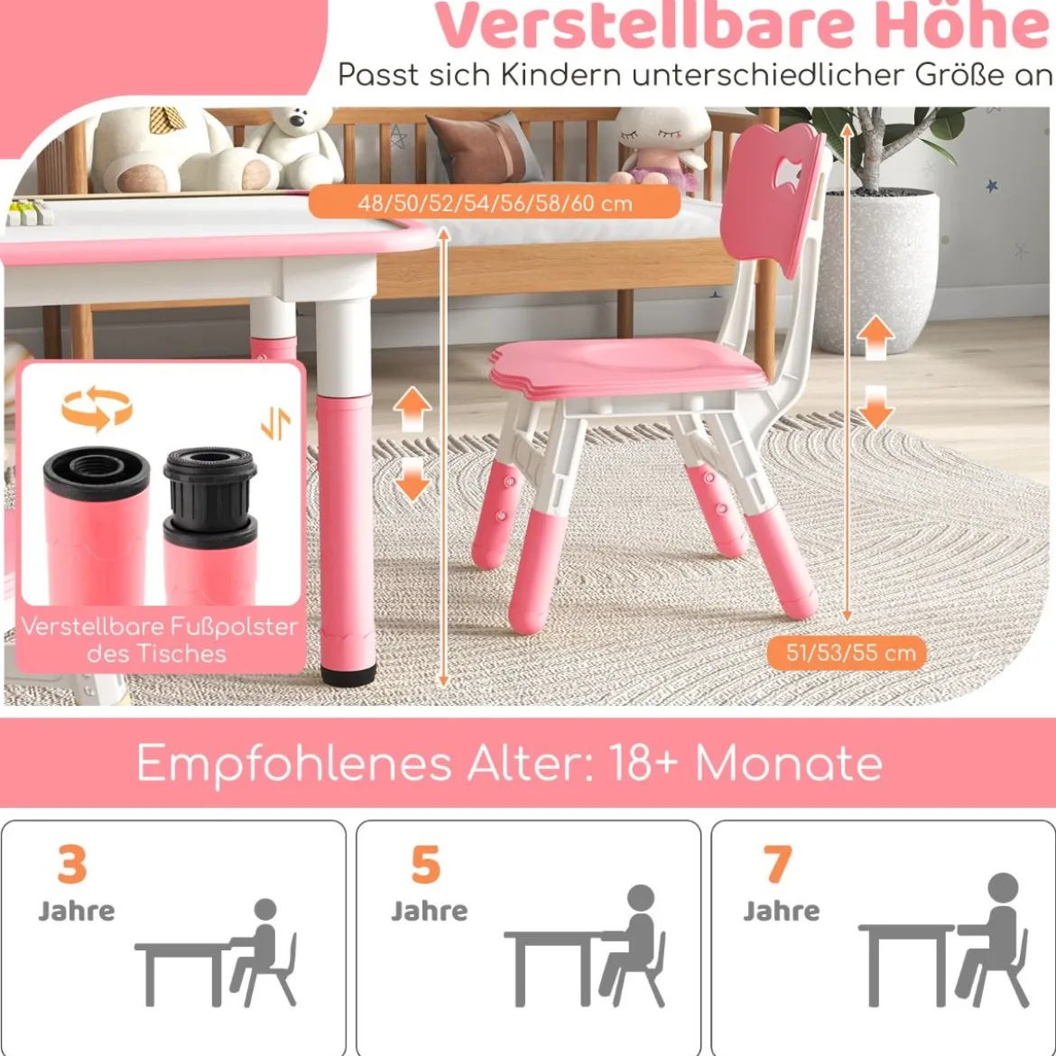 Kindertisch mit 4 Stühlen Set mit Graffiti-Tischplatte Höhenverstellbare Kindersitzgruppe
