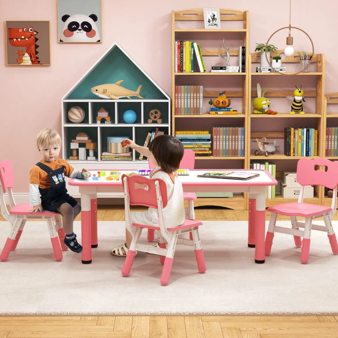 Kindertisch mit 4 Stühlen Set mit Graffiti-Tischplatte Höhenverstellbare Kindersitzgruppe