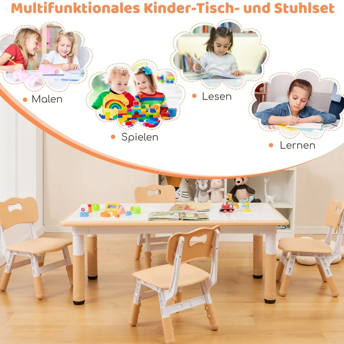 Kindertisch mit 4 Stühlen Set mit Graffiti-Tischplatte Höhenverstellbare Kindersitzgruppe