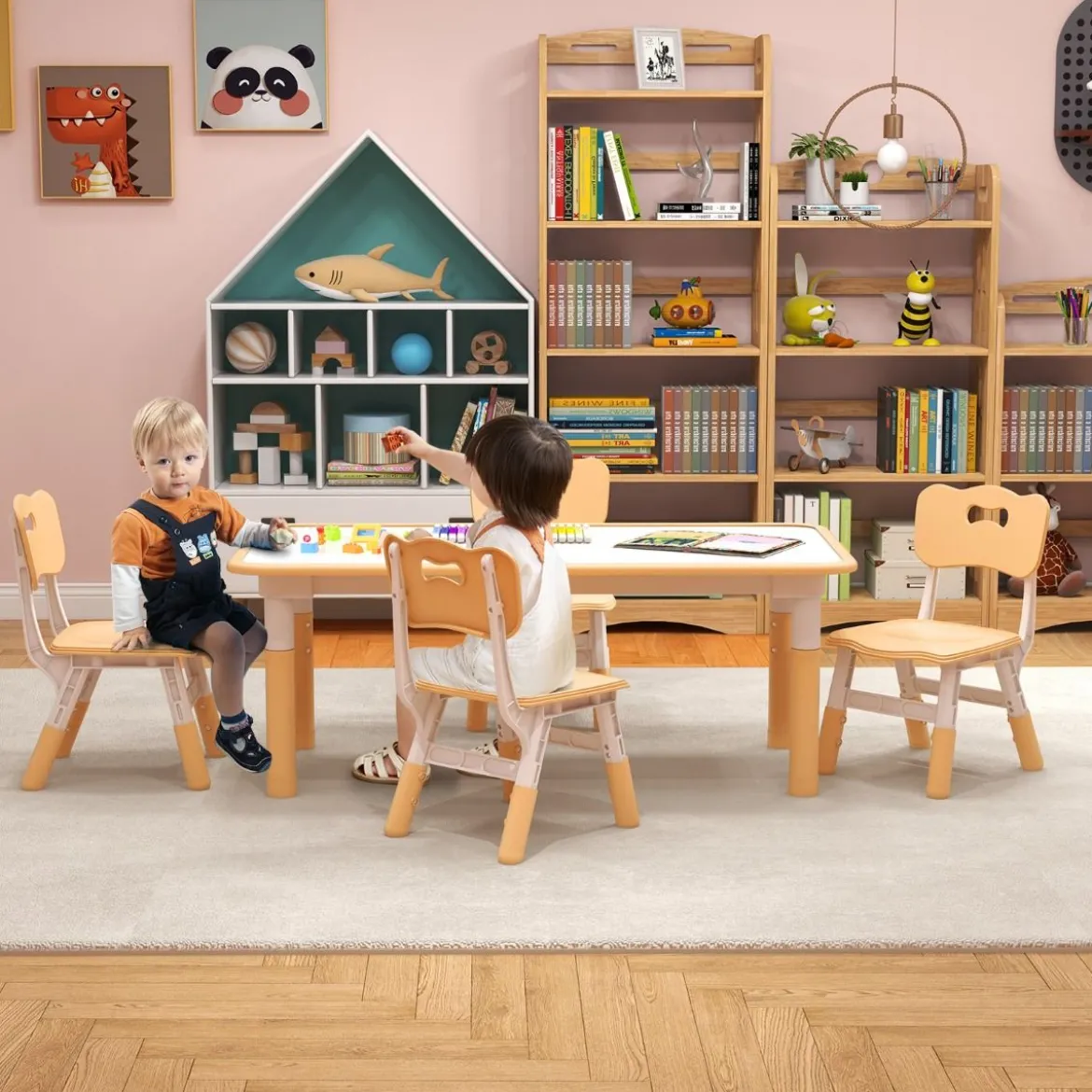 Kindertisch mit 4 Stühlen Set mit Graffiti-Tischplatte Höhenverstellbare Kindersitzgruppe