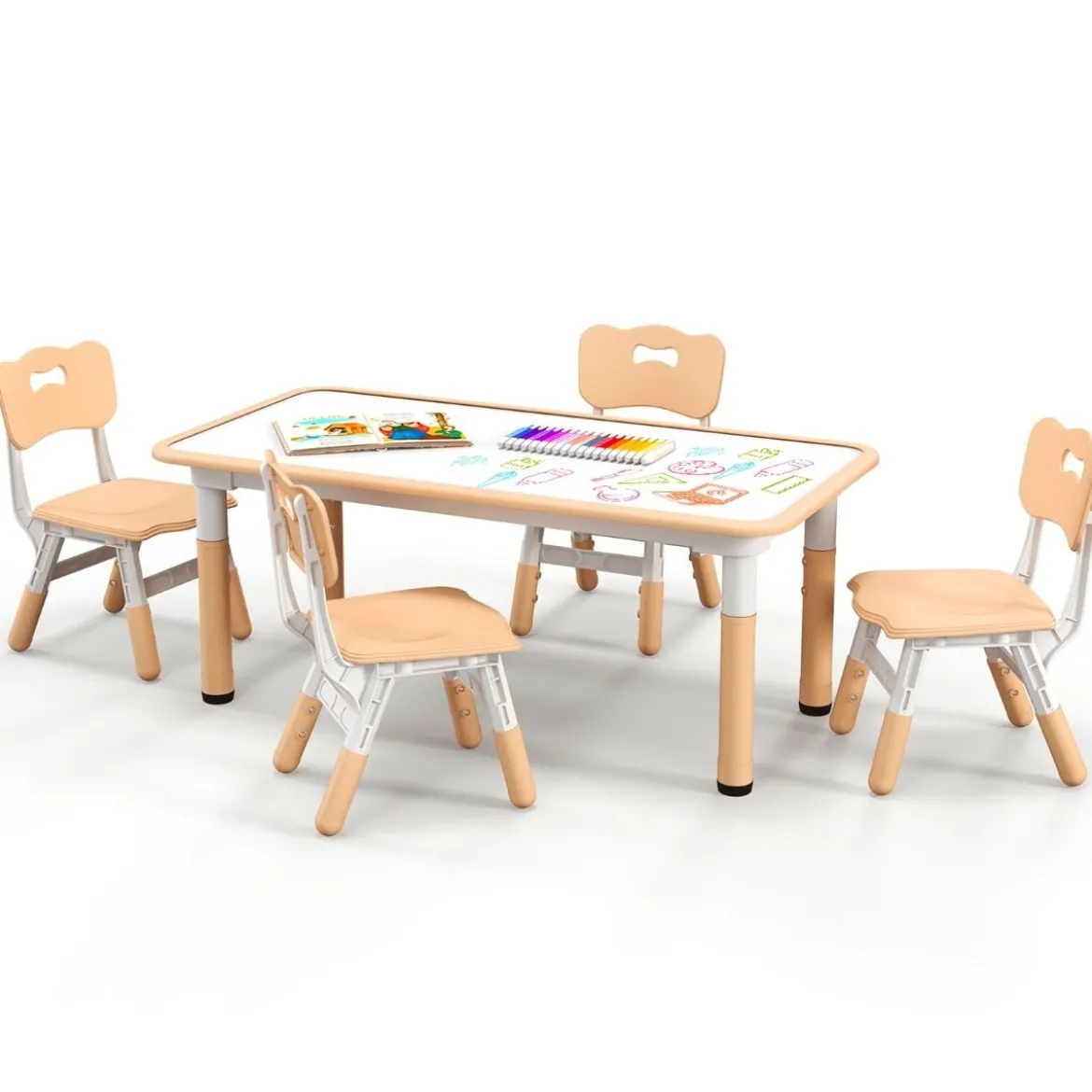 Kindertisch mit 4 Stühlen Set mit Graffiti-Tischplatte Höhenverstellbare Kindersitzgruppe