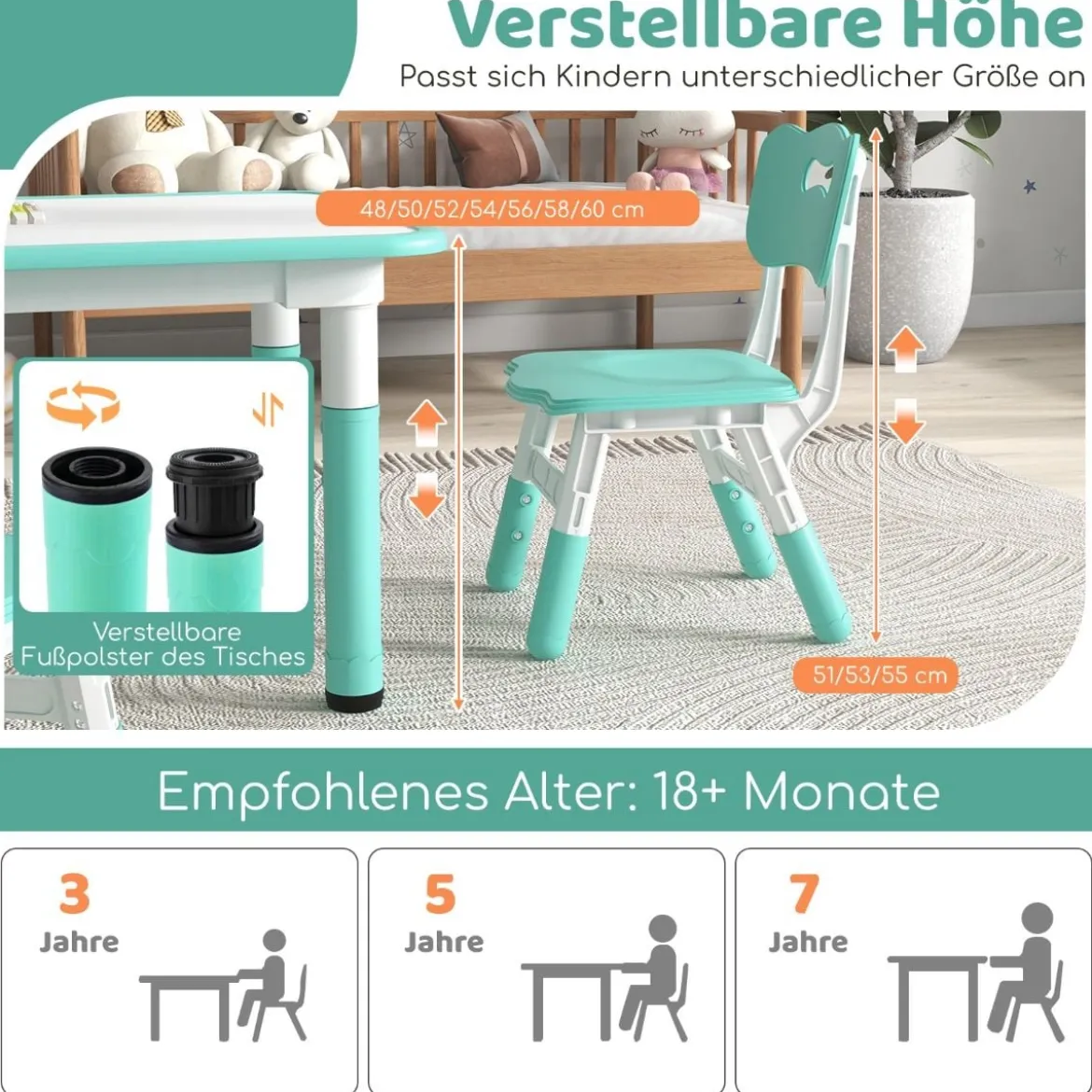 Kindertisch mit 4 Stühlen Set mit Graffiti-Tischplatte Höhenverstellbare Kindersitzgruppe