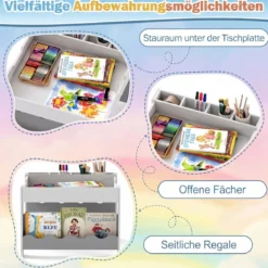Kindertisch mit 2 Stühlen 3-teilige Kindersitzgruppe aus Holz mit Wendbarer & Abnembarer Grau