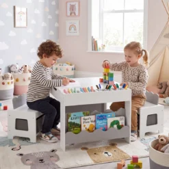 Kindertisch mit 2 Stühlen 3-teilige Kindersitzgruppe aus Holz mit Wendbarer & Abnembarer Grau