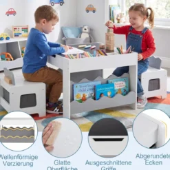 Kindertisch mit 2 Stühlen 3-teilige Kindersitzgruppe aus Holz mit Wendbarer & Abnembarer Grau