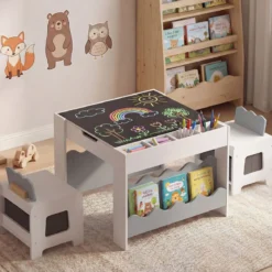 Kindertisch mit 2 Stühlen 3-teilige Kindersitzgruppe aus Holz mit Wendbarer & Abnembarer Grau
