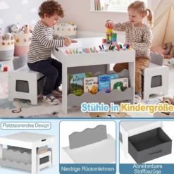 Kindertisch mit 2 Stühlen 3-teilige Kindersitzgruppe aus Holz mit Wendbarer & Abnembarer Grau