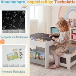 Kindertisch mit 2 Stühlen 3-teilige Kindersitzgruppe aus Holz mit Wendbarer & Abnembarer Grau