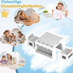 Kindertisch mit 2 Stühlen 3-teilige Kindersitzgruppe aus Holz mit Wendbarer & Abnembarer Grau