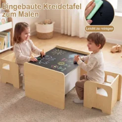Kindertisch mit 2 Stühlen Tisch und Stuhl Set mit Tafel Spieltisch mit Niedlichem Muster für Kinderzimmer Grau/Natur/Weiß
