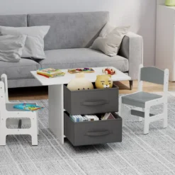 Kindertisch mit 2 Stühlen 3 TLG. Kindersitzgruppe aus Holz mit 2 abnehmbarem Körben Aktivitätstisch Maltisch Grau