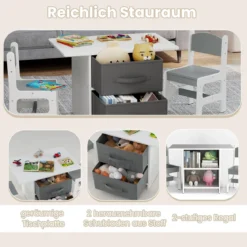 Kindertisch mit 2 Stühlen 3 TLG. Kindersitzgruppe aus Holz mit 2 abnehmbarem Körben Aktivitätstisch Maltisch Grau