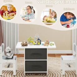 Kindertisch mit 2 Stühlen 3 TLG. Kindersitzgruppe aus Holz mit 2 abnehmbarem Körben Aktivitätstisch Maltisch Grau