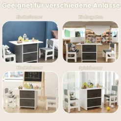 Kindertisch mit 2 Stühlen 3 TLG. Kindersitzgruppe aus Holz mit 2 abnehmbarem Körben Aktivitätstisch Maltisch Grau