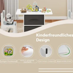 Kindertisch mit 2 Stühlen 3 TLG. Kindersitzgruppe aus Holz mit 2 abnehmbarem Körben Aktivitätstisch Maltisch Grau