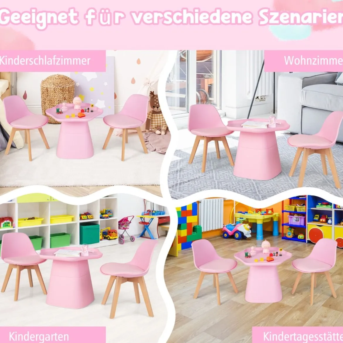 Kindertisch mit 2 Stühlen 3 TLG. Kindersitzgruppe aus Buchenholz Kindersitzgarnitur Rosa