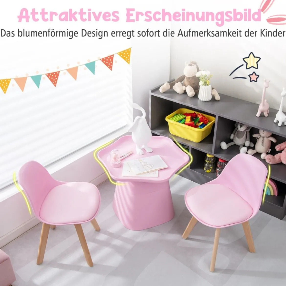 Kindertisch mit 2 Stühlen 3 TLG. Kindersitzgruppe aus Buchenholz Kindersitzgarnitur Rosa