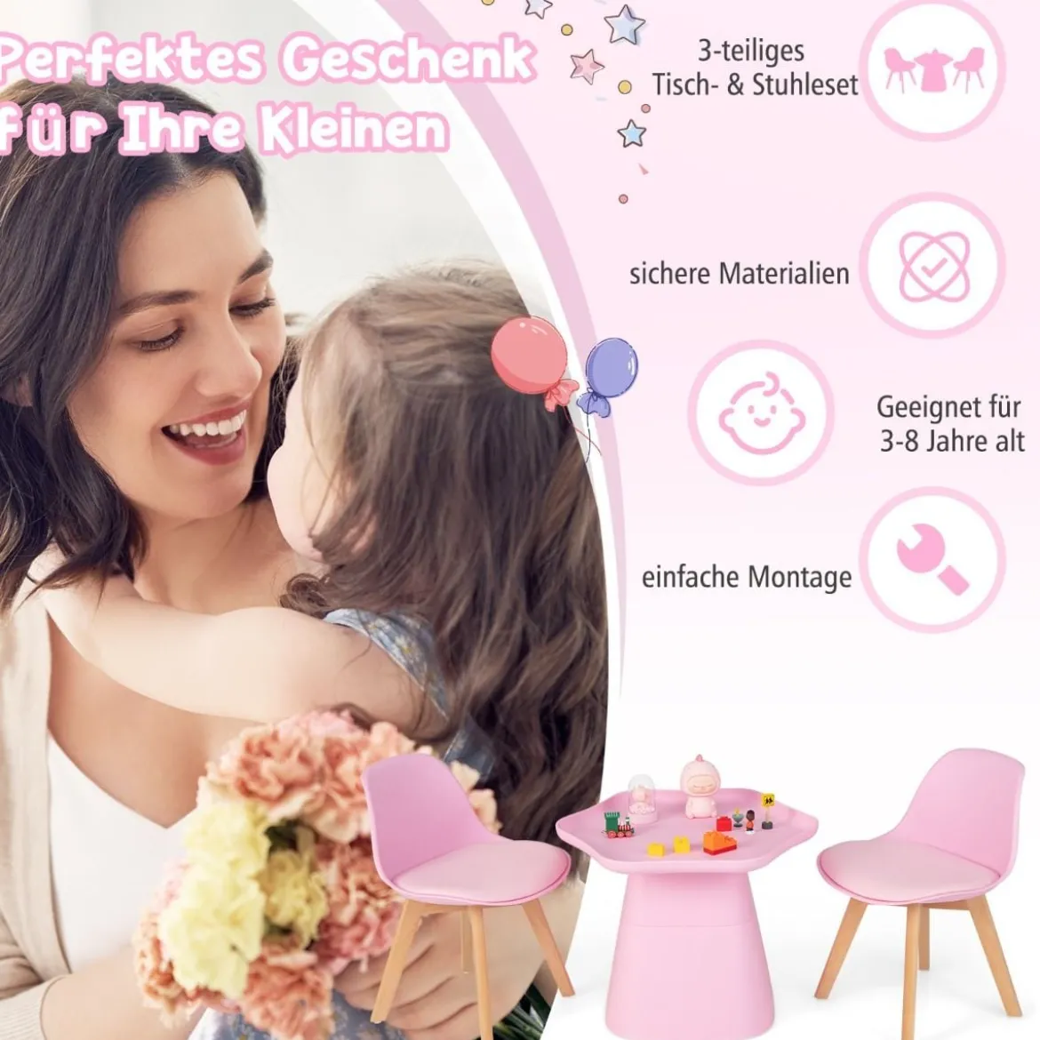 Kindertisch mit 2 Stühlen 3 TLG. Kindersitzgruppe aus Buchenholz Kindersitzgarnitur Rosa