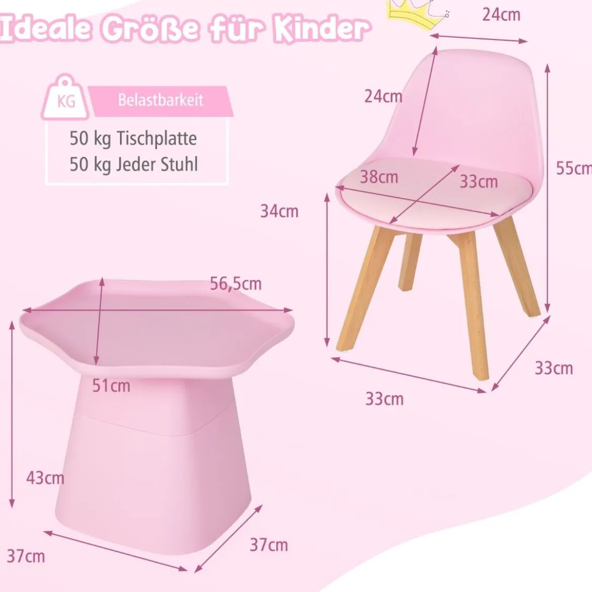 Kindertisch mit 2 Stühlen 3 TLG. Kindersitzgruppe aus Buchenholz Kindersitzgarnitur Rosa