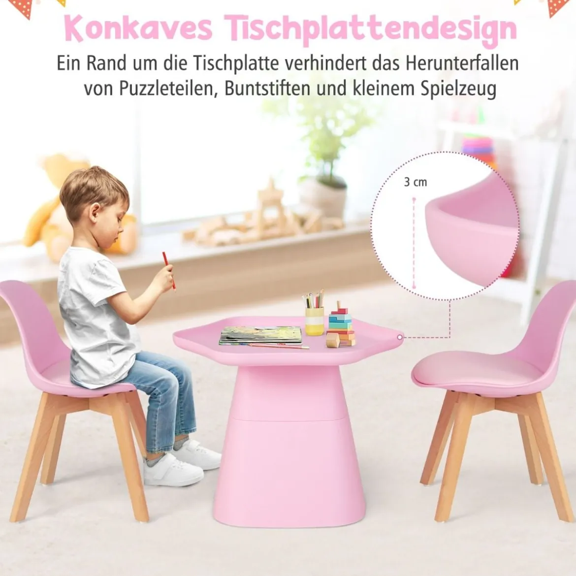 Kindertisch mit 2 Stühlen 3 TLG. Kindersitzgruppe aus Buchenholz Kindersitzgarnitur Rosa
