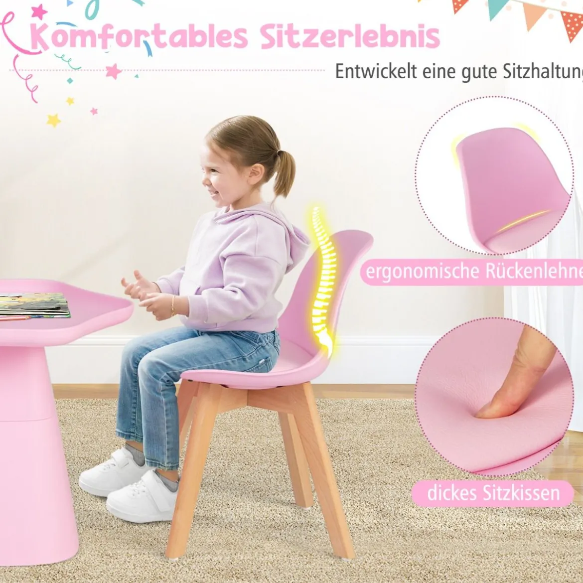 Kindertisch mit 2 Stühlen 3 TLG. Kindersitzgruppe aus Buchenholz Kindersitzgarnitur Rosa