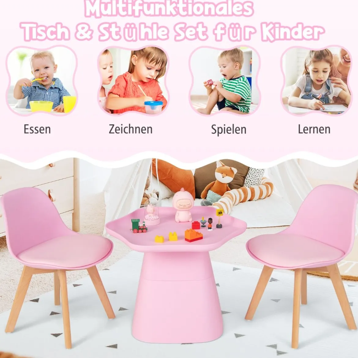 Kindertisch mit 2 Stühlen 3 TLG. Kindersitzgruppe aus Buchenholz Kindersitzgarnitur Rosa