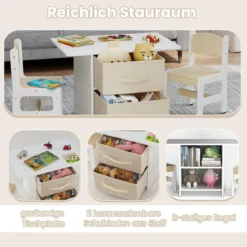 Kindertisch mit 2 Stühlen 3 TLG. Kindersitzgruppe aus Holz mit 2 abnehmbarem Körben Aktivitätstisch Maltisch Beige