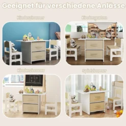 Kindertisch mit 2 Stühlen 3 TLG. Kindersitzgruppe aus Holz mit 2 abnehmbarem Körben Aktivitätstisch Maltisch Beige