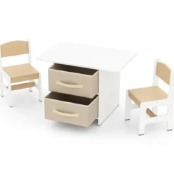 Kindertisch mit 2 Stühlen 3 TLG. Kindersitzgruppe aus Holz mit 2 abnehmbarem Körben Aktivitätstisch Maltisch Beige