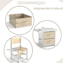 Kindertisch mit 2 Stühlen 3 TLG. Kindersitzgruppe aus Holz mit 2 abnehmbarem Körben Aktivitätstisch Maltisch Beige
