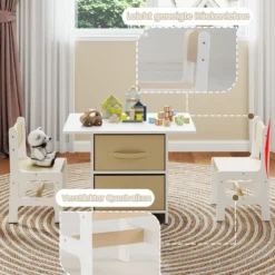 Kindertisch mit 2 Stühlen 3 TLG. Kindersitzgruppe aus Holz mit 2 abnehmbarem Körben Aktivitätstisch Maltisch Beige