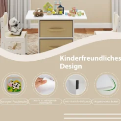 Kindertisch mit 2 Stühlen 3 TLG. Kindersitzgruppe aus Holz mit 2 abnehmbarem Körben Aktivitätstisch Maltisch Beige