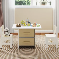 Kindertisch mit 2 Stühlen 3 TLG. Kindersitzgruppe aus Holz mit 2 abnehmbarem Körben Aktivitätstisch Maltisch Beige