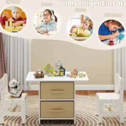 Kindertisch mit 2 Stühlen 3 TLG. Kindersitzgruppe aus Holz mit 2 abnehmbarem Körben Aktivitätstisch Maltisch Beige