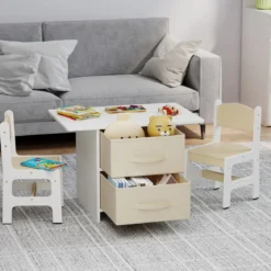Kindertisch mit 2 Stühlen 3 TLG. Kindersitzgruppe aus Holz mit 2 abnehmbarem Körben Aktivitätstisch Maltisch Beige