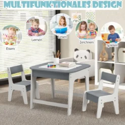 Kindertisch mit 2 Stühlen 3 TLG Kindersitzgruppe Holz mit Doppelseitiger Tischplatte Natur + Weiß/Grau/Natur