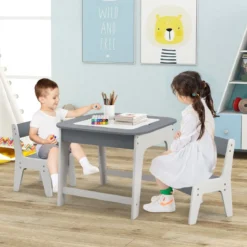 Kindertisch mit 2 Stühlen 3 TLG Kindersitzgruppe Holz mit Doppelseitiger Tischplatte Natur + Weiß/Grau/Natur