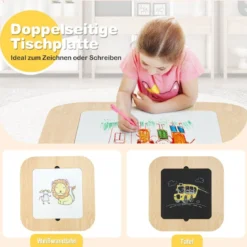 Kindertisch mit 2 Stühlen 3 TLG Kindersitzgruppe Holz mit Doppelseitiger Tischplatte Natur + Weiß/Grau/Natur