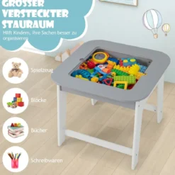 Kindertisch mit 2 Stühlen 3 TLG Kindersitzgruppe Holz mit Doppelseitiger Tischplatte Natur + Weiß/Grau/Natur