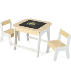 Kindertisch mit 2 Stühlen 3 TLG Kindersitzgruppe Holz mit Doppelseitiger Tischplatte Natur + Weiß/Grau/Natur
