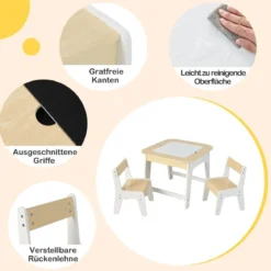 Kindertisch mit 2 Stühlen 3 TLG Kindersitzgruppe Holz mit Doppelseitiger Tischplatte Natur + Weiß/Grau/Natur