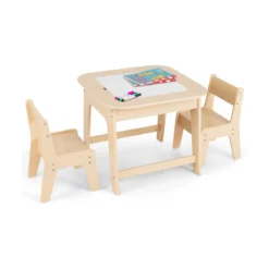 Kindertisch mit 2 Stühlen 3 TLG Kindersitzgruppe Holz mit Doppelseitiger Tischplatte Natur + Weiß/Grau/Natur