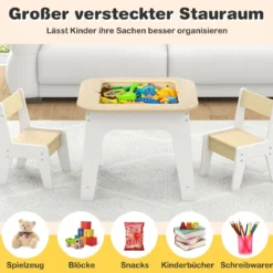 Kindertisch mit 2 Stühlen 3 TLG Kindersitzgruppe Holz mit Doppelseitiger Tischplatte Natur + Weiß/Grau/Natur